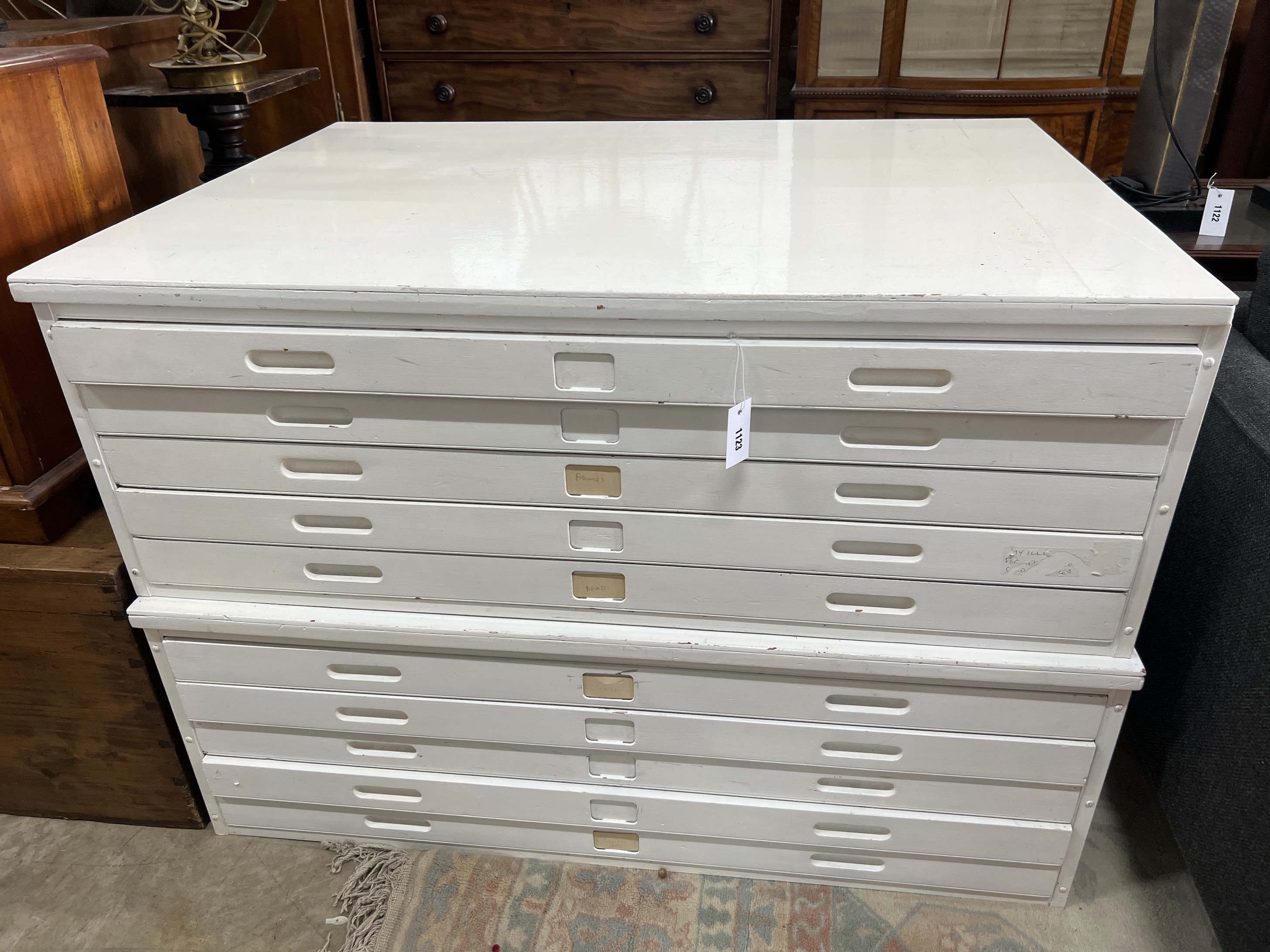 A Papworth Industries painted two part architects plan chest, dated March 1958 with stamped E R monogram, width 122cm, depth 89cm, height 85cm